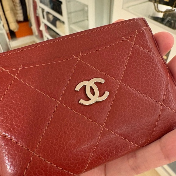 CHANEL Handbags - CHANEL Leather Card Holder - Burgundy with Silver CC
